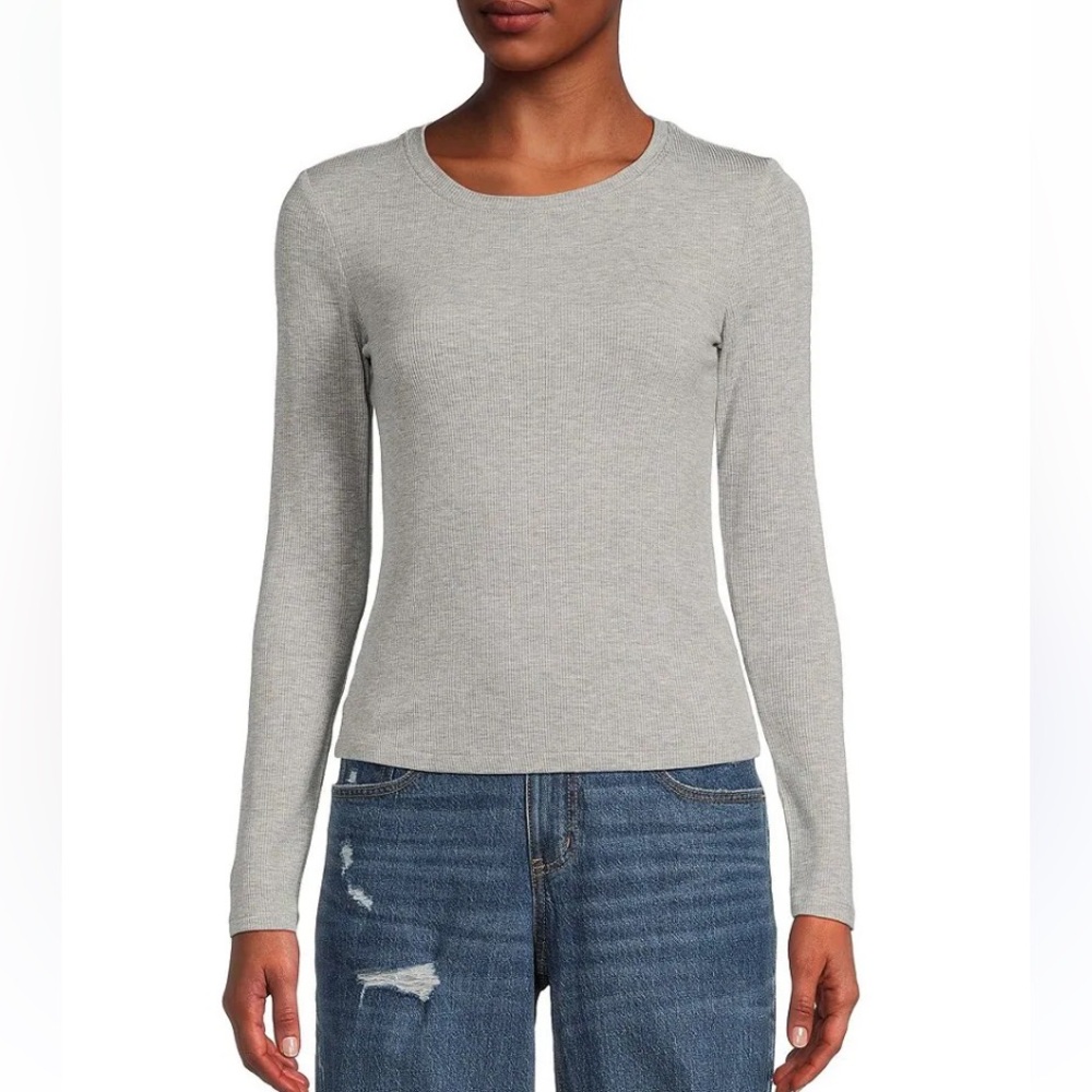 Zenana Ribbed Grey Gray Long Sleeve Basic Tee Casuall T-Shirt Crew Neck - Sz S